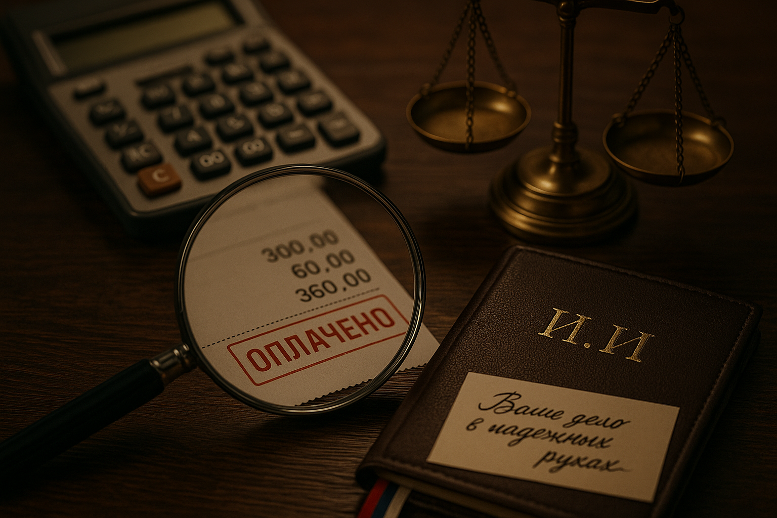 Калькулятор и документы с печатью 'ОПЛАЧЕНО'